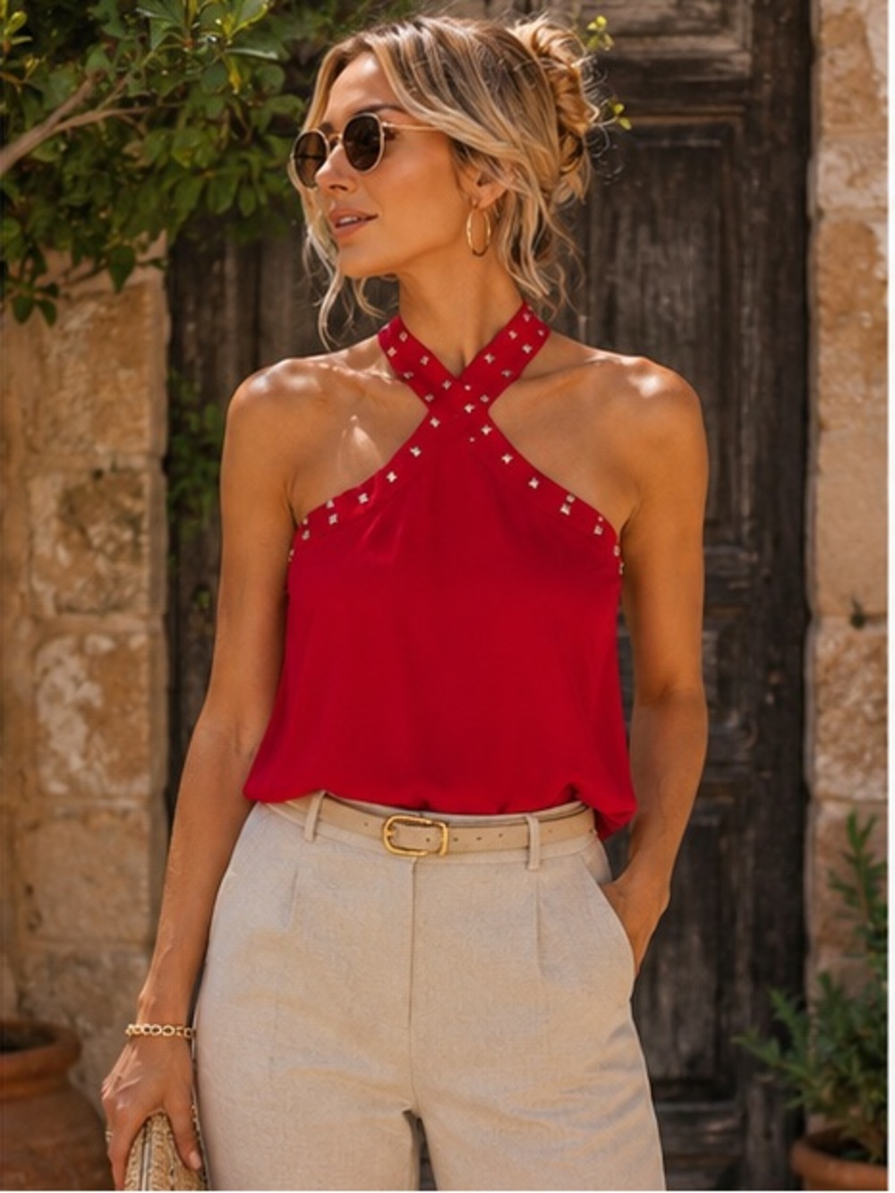 Michael Kors Red Studded Halter Top | Luxe Resort Chic Statement Blouse NWT - Picture 2 of 7